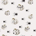 Seamless pattern with white Halloween pumpkins carved faces and spider on light background. Royalty Free Stock Photo