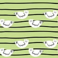 Seamless pattern. White hand drawn birds, black stripes on a green background Royalty Free Stock Photo