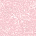 Seamless pattern with white hand drawn sweet cupcakes, cookies and candy on pastel pink background