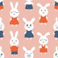 Seamless pattern with white hares in different clothes. Perfect retro print for tee, textile and fabric. Hand drawn vector Royalty Free Stock Photo