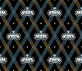 Seamless pattern with white king crowns on a dark black background and gold stripes. Vector Illustration. Royalty Free Stock Photo