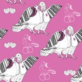 Seamless pattern of white kissing doves on pink