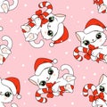 Seamless pattern with white kittens with Christmas candy. Vector