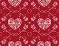 Seamless pattern with white lacy hearts and one line drawn rose. .