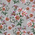 Seamless pattern with white lilies and butterflies on a gray background. Cute abstract pattern.