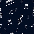 Seamless pattern: white musical notes and musical key on a blue background. Royalty Free Stock Photo