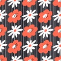 Seamless pattern with white and orange flowers on a striped background. Abstract background Royalty Free Stock Photo