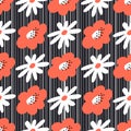 Seamless pattern with white and orange flowers on a striped background. Abstract background Royalty Free Stock Photo