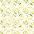 Seamless pattern with white palm leaves silhouettes, circles and watercolor background