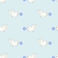 Seamless pattern - white pigeons birds on blue sky with flower. Peace and stop war in Ukraine. Royalty Free Stock Photo