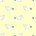 Seamless pattern - white pigeons birds with flower on yellow fon. Peace and stop war in Ukraine. Royalty Free Stock Photo