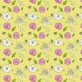 Seamless pattern white and pink flowers on yellow background