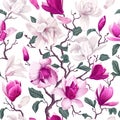 Seamless pattern with branches white and pink magnolia flowers.