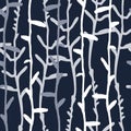 Seamless pattern with white pinstripes of hand drawn herbs on dark blue background