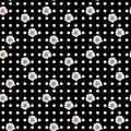 Seamless pattern with white polka dots with cherry blossom on a black background. Design for packaging, fabrics, textiles, postcar