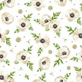 Seamless pattern with white poppies. Vector illustration.