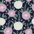 Seamless pattern with white and purple camellia flowers, silver brunia and eucalyptus