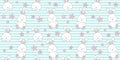 Seamless pattern with white rabbit and pink stars on a turquoise striped background