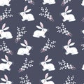 Seamless pattern with white rabbit and pussy-willow bouquet