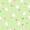 Seamless pattern white rabbits, poppy, abstract flowers on green background. Sweet baby hare in spring bloom meadow motif, vector Royalty Free Stock Photo