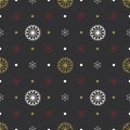 Seamless pattern with white and red snowflakes, gold dots on black background Royalty Free Stock Photo