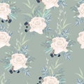 Seamless pattern with white roses flowers, leaves and berries. Royalty Free Stock Photo