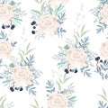 Seamless pattern with white roses flowers, leaves and berries. Royalty Free Stock Photo