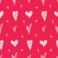 Seamless pattern of white silhouette hearts with hatching on pink background. Love texture on Valentines Day holiday