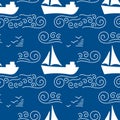 Seamless pattern with white silhouette Sailing yacht in the sea, waves and clouds. Line doodle sketch. Hand drawn Vector Royalty Free Stock Photo