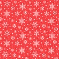 Seamless pattern with white snowflakes on red background. Flat line snowing icons, cute snow flakes repeat wallpaper