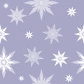 Seamless pattern white snowflakes stars different sizes on purple background. Flat style winter holiday and Happy New Year concept Royalty Free Stock Photo
