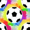 Seamless pattern with white soccer balls with watercolor rainbow spray. Royalty Free Stock Photo