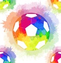 Seamless pattern with white soccer balls with watercolor rainbow spray. Royalty Free Stock Photo