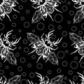 Seamless pattern with white stag beetle silhouettes and circles on a black background. The design is suitable for wallpapers