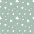 Seamless pattern white stars of different sizes scattered in random order on gray background. Nordic scandinavian retro style