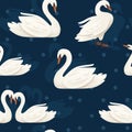 Seamless pattern of white swam bird flat vector illustration on blue background Royalty Free Stock Photo