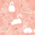 Seamless pattern with white swan princess. Creative hand drawn s Royalty Free Stock Photo