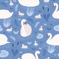 Seamless pattern with white swans and brood of cygnets floating in pond or lake among water lilies and reeds. Backdrop