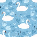 Seamless pattern with white swans floating in water pond or lake among plants. Backdrop with beautiful wild birds