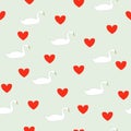 Seamless pattern white swans, little red hearts on green water background, vector eps 10 Royalty Free Stock Photo