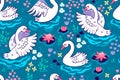 Seamless pattern with white swans on the pond. Vector graphics Royalty Free Stock Photo