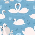 Seamless pattern with white swans. Singles and birds pairs with chicks. Swan s couples on blue background. Colorful Royalty Free Stock Photo