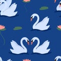 Seamless pattern with white swans and water lily in lake . Wild birds or waterfowl in pond with lotus flower. Hand drawn vector Royalty Free Stock Photo