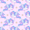 Seamless pattern with white unicorns and stars. Vector