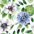 Seamless pattern with white and violet anemones
