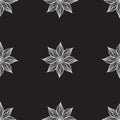 Seamless pattern with white wavy flowers on black background. Vector texture