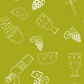 Seamless pattern with white wine bottle, glass, cheese, bread, grapes, corkscrew on mustard/yellow/golden background. Wine indust