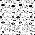 Seamless pattern on whitet with cake, croissant, macaroon, donut and cinnamon roll.