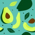 Seamless pattern with a whole avocado, an avocado cut in half. Royalty Free Stock Photo