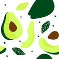 Seamless pattern with a whole avocado, an avocado cut in half, slices of avocados, seeds and leaves